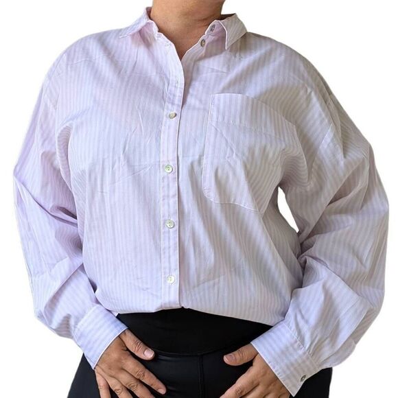 H&M Light Pink White Striped Button Down Shirt Collar Pocket Relaxed Women Sz L - Picture 1 of 5